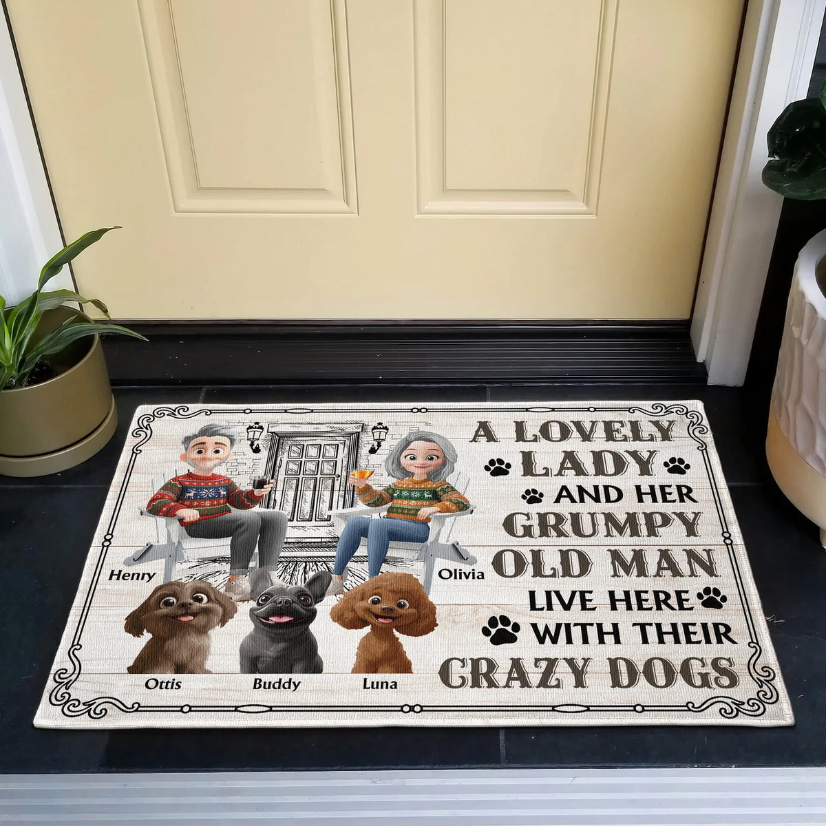 Custom Dog Lover Standard Doormat with Cartoon Couple & Crazy Pups - Personalized Housewarming Gift for Porch or Indoor Entryway