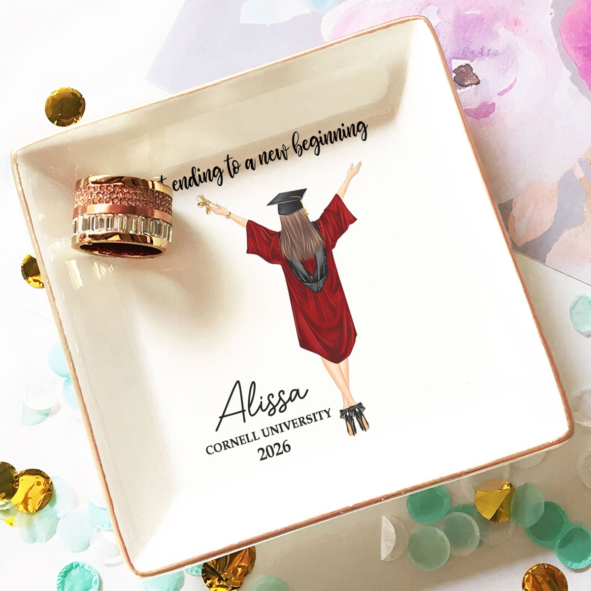 Personalized Graduation Jewelry Dish, Custom Keepsake Vanity Decor, A Sweet Ending To A New Beginning, Unique Gift