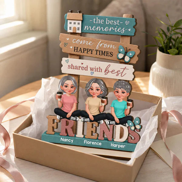 Personalized 2-Layer Wooden Plaque, Sitting Friends with Coffee, Unique Gift for Close Friends