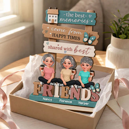 Personalized 2-Layer Wooden Plaque, Sitting Friends with Coffee, Unique Gift for Close Friends