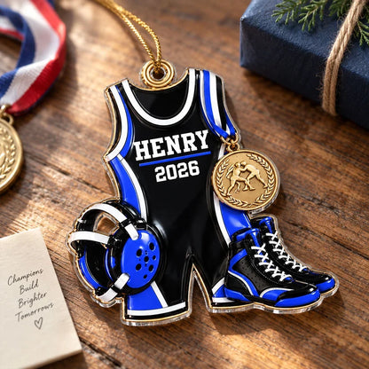 Personalized Wrestling Acrylic Ornament with Gear and Medal, Creative Christmas Gift for Son