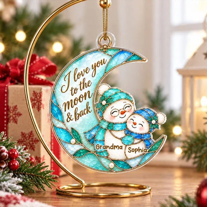 Personalized I Love You to the Moon & Back Acrylic Ornament, Hugging Snowmen, Creative Christmas Gift for Grandkids