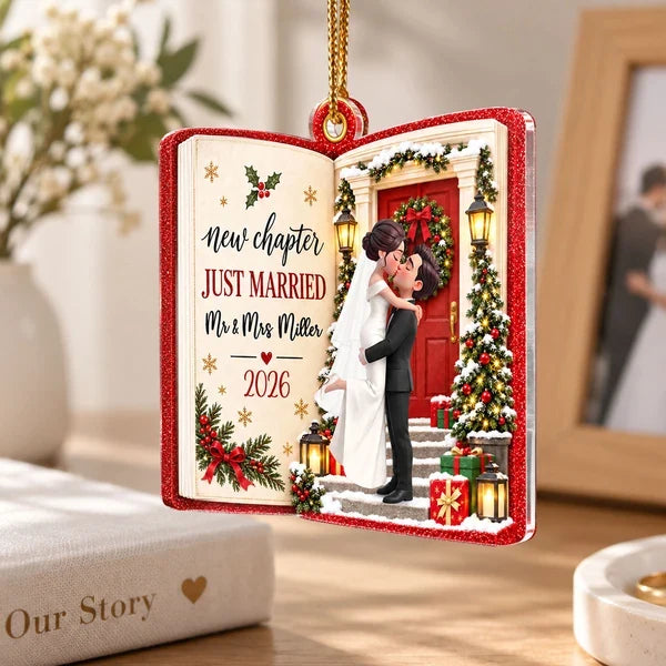 Personalized Acrylic Ornament, Kissing Newlyweds at a Snowy Door, Unique Christmas Gift for a Couple