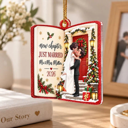 Personalized Acrylic Ornament, Kissing Newlyweds at a Snowy Door, Unique Christmas Gift for a Couple
