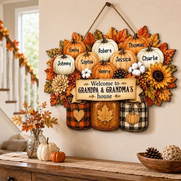 Personalized Wooden Sign with Fall Pumpkins for Porch Decor, Unique Gift for Grandma and Grandpa