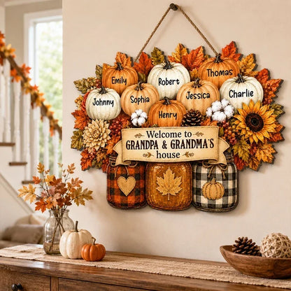 Personalized Wooden Sign with Fall Pumpkins for Porch Decor, Unique Gift for Grandma and Grandpa