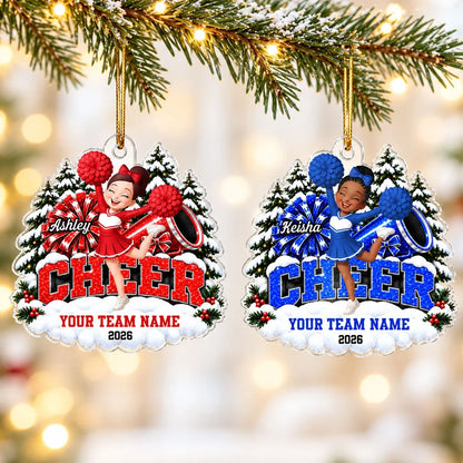 Personalized Acrylic Ornament, Cheerleader Cheering With Pom Poms by Snowy Trees, Unique Christmas Gift for Cheerleaders