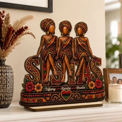 Personalized Wooden Plaque with Seated Sistas Art, Unique Gift for Close Friends & Sisters