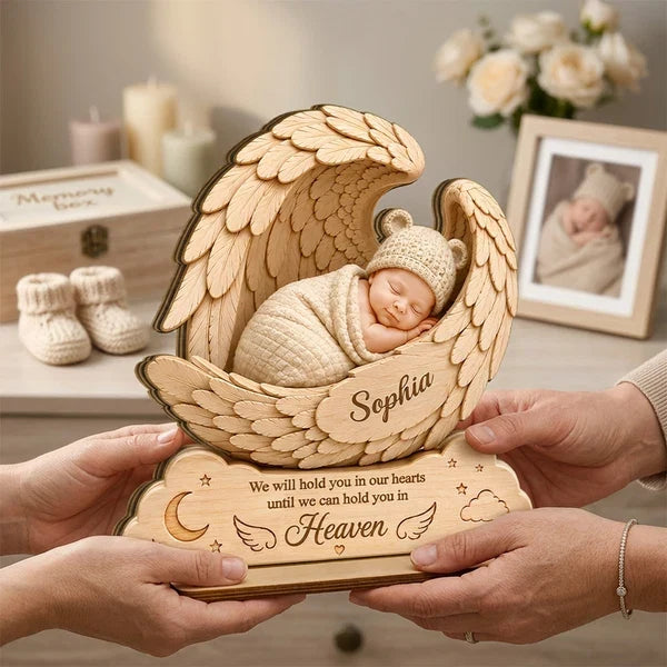 Personalized 2-Layer Wooden Plaque, Sleeping Baby in Angel Wings, Unique Infant Loss Memorial Gift for Parents