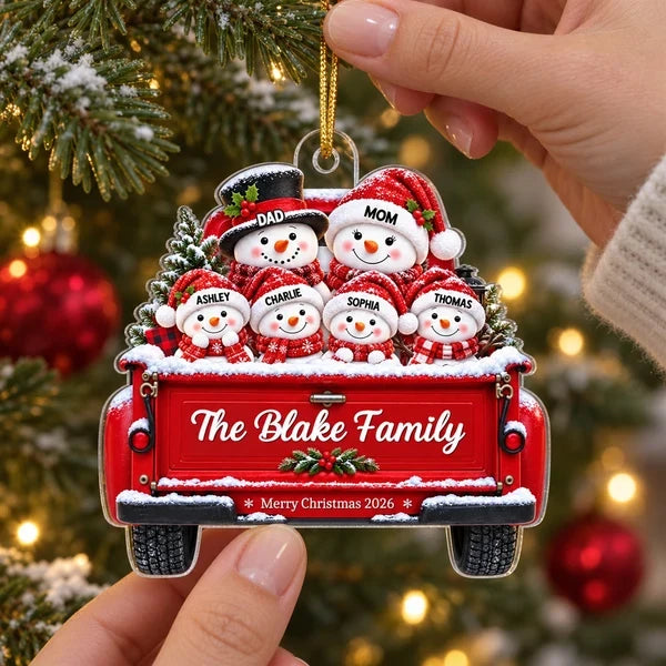 Personalized Acrylic Ornament, Snowman Family Riding in a Snowy Red Truck, Unique Christmas Gift for Family