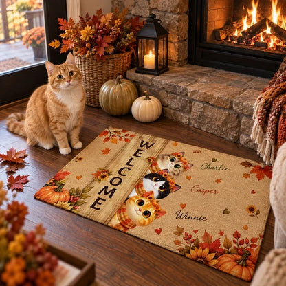 Personalized Fall Cat Standard Doormat, Peeking Cats Bring a Warm Autumn Welcome, Creative Gift for Pet Owners