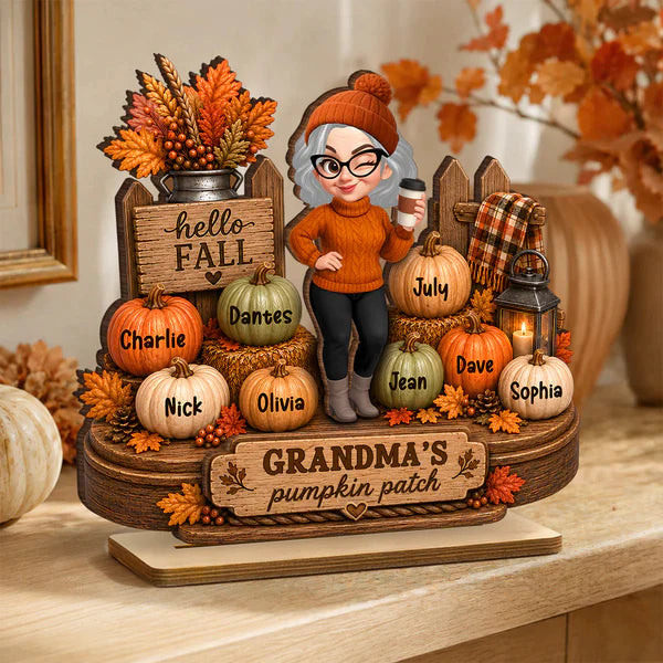 Personalized 2-Layer Wooden Plaque, Grandma Holding Coffee in Fall Pumpkin Patch, Unique Gift for Grandma