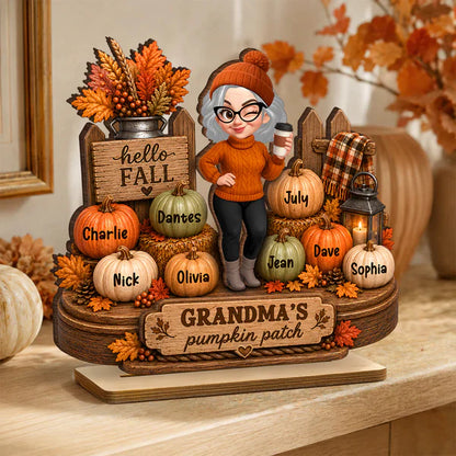 Personalized 2-Layer Wooden Plaque, Grandma Holding Coffee in Fall Pumpkin Patch, Unique Gift for Grandma