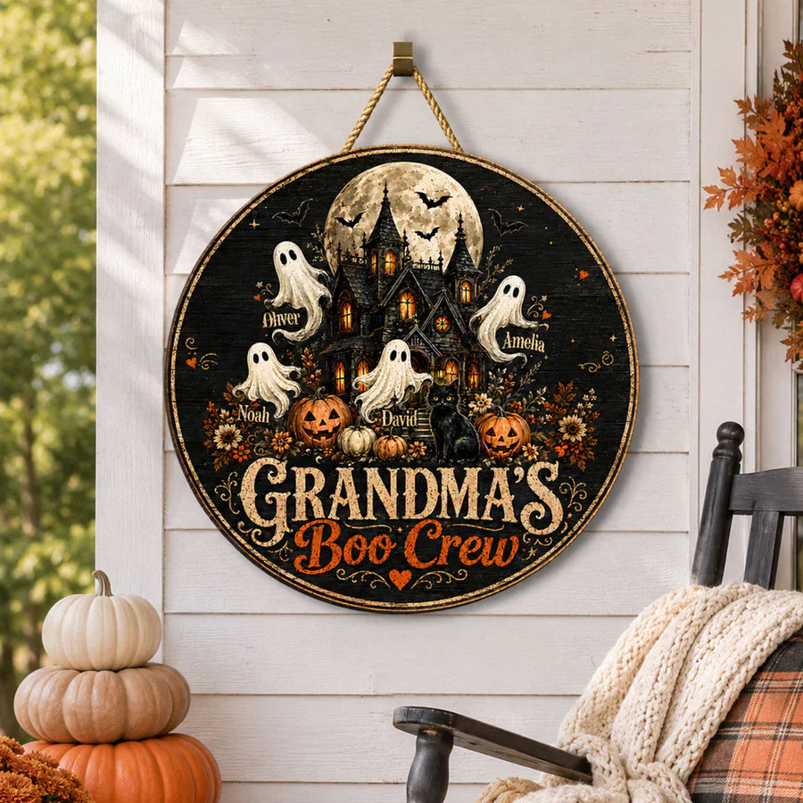 Personalized Grandma's Boo Crew Wooden Sign, Halloween Haunted House Decor, Unique Gift for Grandma