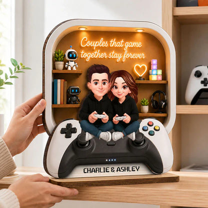 Personalized 2-Layer Wooden Plaque, Gaming Couple Cartoon Scene, Unique Gift for Shared Playtime