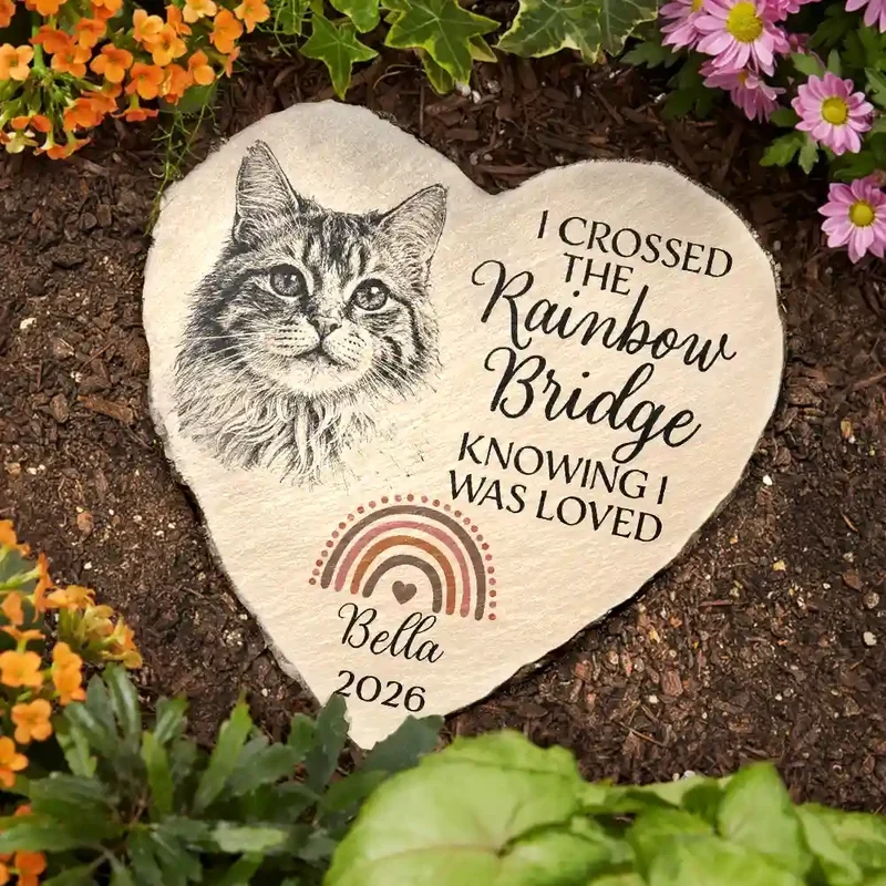 Personalized Pet Memorial Heart Stone, Custom Dog or Cat Pencil Sketch, Rainbow Bridge Garden Plaque