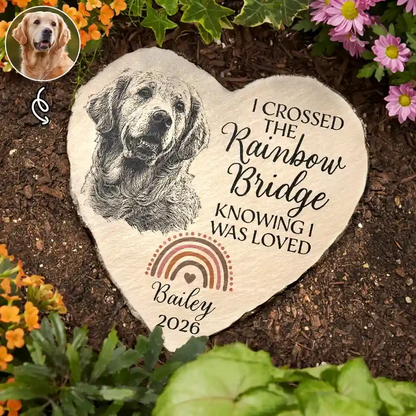 Personalized Pet Memorial Heart Stone, Custom Dog or Cat Pencil Sketch, Rainbow Bridge Garden Plaque