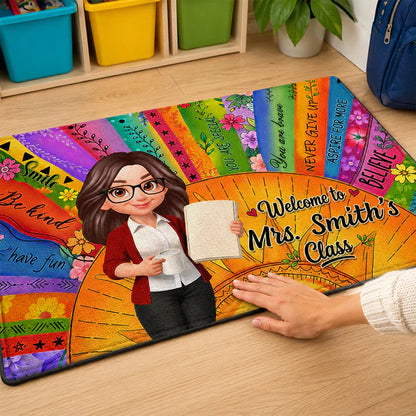 Personalized Teacher Classroom Doormat, Boho Sun Cartoon Teacher Holding Notebook, Unique Gift for Entryway