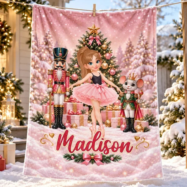 Personalized Fleece Blanket, Dancing Ballerina in Pink Nutcracker Christmas Scene, Unique Gift for Daughter