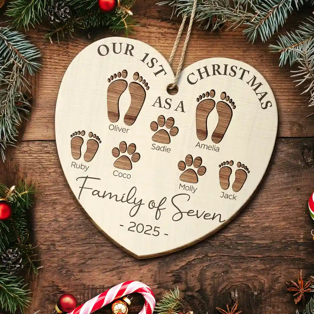 Our First Christmas As a Family – Personalized Wooden Ornament for Parents with Footprint Design, Heartfelt Gift for Loved Ones