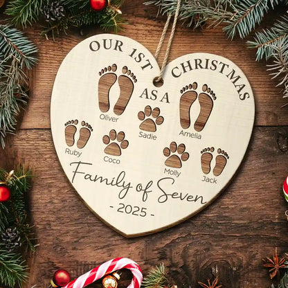 Our First Christmas As a Family – Personalized Wooden Ornament for Parents with Footprint Design, Heartfelt Gift for Loved Ones