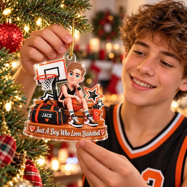 Personalized Acrylic Ornament, Cartoon Boy Sitting with Basketball in Gym, Unique Christmas Gift for Son