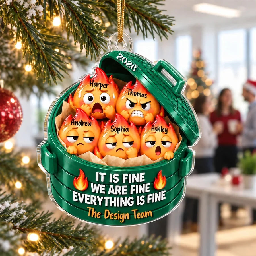 Personalized Dumpster Fire Acrylic Ornament, Cute Cartoon Team Scene, Unique Christmas Gift for Coworkers