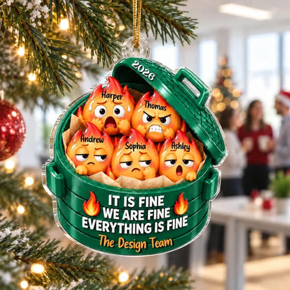 Personalized Dumpster Fire Acrylic Ornament, Cute Cartoon Team Scene, Unique Christmas Gift for Coworkers