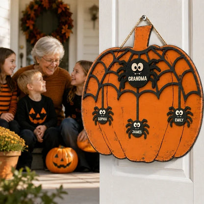 Grandma and Grandkids Wooden Sign, Rustic Orange Halloween Spider Web, Personalized Creative Family Gift