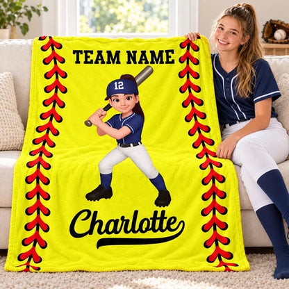 Personalized Fleece Blanket, Cartoon Baseball and Softball Player Holding a Bat, Unique Gift for Son or Daughter