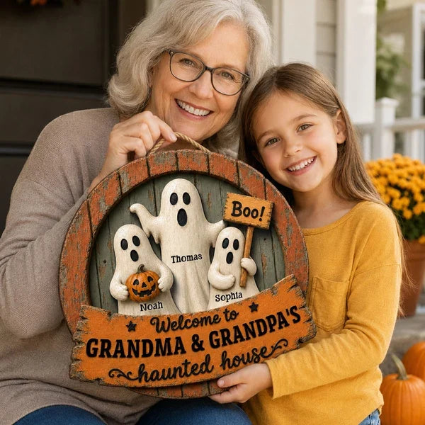 Grandma & Grandpa's Haunted House Wooden Sign, Personalized Ghosts With Pumpkin, Creative Halloween Gift