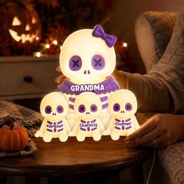 Personalized Acrylic Light Box, Cute Skeleton Grandma & Grandkids Halloween Decor, Unique Gift