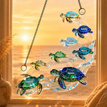 Swimming Sea Turtle Family Acrylic Suncatcher Ornament, Personalized Unique Creative Gift for Family Window Decor