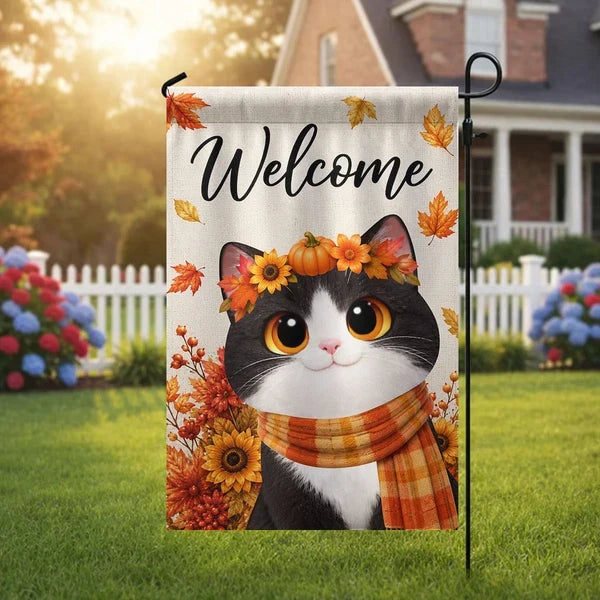 Personalized Garden Flag with Cute Cat in Scarf, Autumn Yard Decor and Unique Gift for Cat Lovers