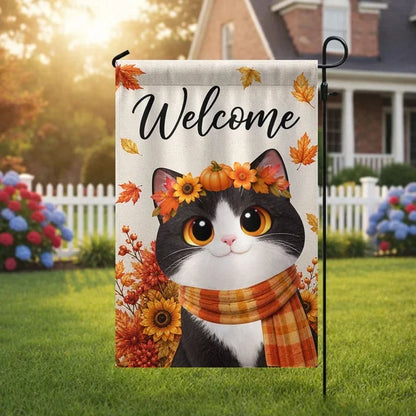 Personalized Garden Flag with Cute Cat in Scarf, Autumn Yard Decor and Unique Gift for Cat Lovers