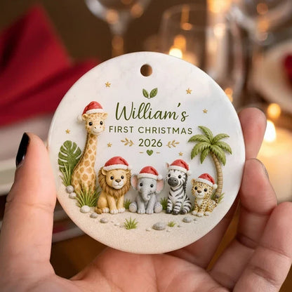 Personalized Ceramic Ornament, First Christmas Safari Animals, Unique Gift for New Parents and Baby