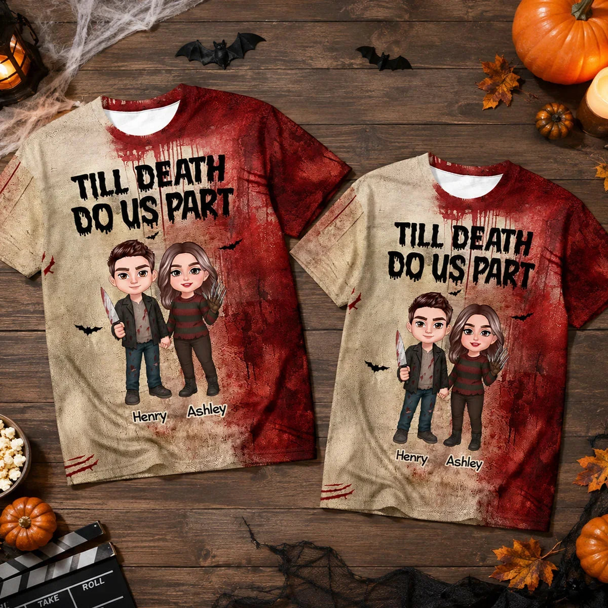Till Death Do Us Part Personalized Printed Classic Tee, Red Horror Couple Art, Creative Gift for Couples