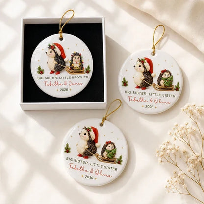 Personalized Ceramic Ornament, Sister Hedgehogs in a Snowy Sled Scene, Creative Keepsake Gift for Sisters