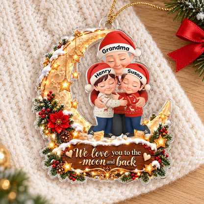 Personalized Acrylic Ornament, Grandma and Grandkids Hugging on a Red and Gold Moon, Unique Christmas Gift