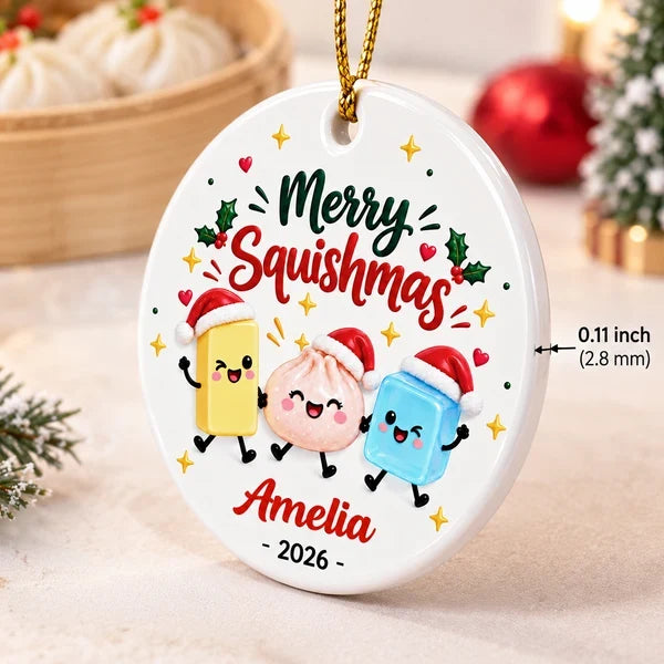 Personalized Ceramic Ornament, Merry Squishmas Cartoon Keepsake, Unique Christmas Gift for Squishy Fans
