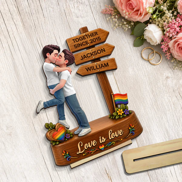 Personalized 2-Layer Wooden Plaque with Kissing LGBT Couple, Unique Gift for Partners & Pride Decor