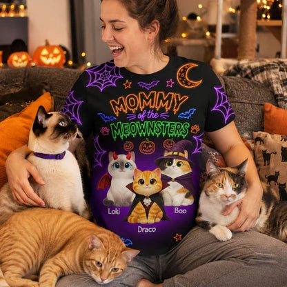 Personalized Printed Classic Tee, Neon Halloween Cats in Costumes, Unique Gift for Cat Mom