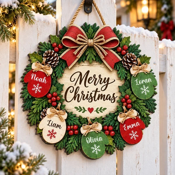Personalized Christmas Door Sign with Mitten Wreath, Rustic Family Decor, Unique Gift for Grandparents