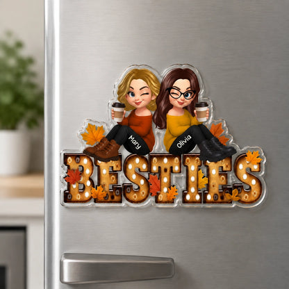 Custom Acrylic Fridge Magnet With Autumn Leaves & Sitting Friends, Creative Gift For Friendship