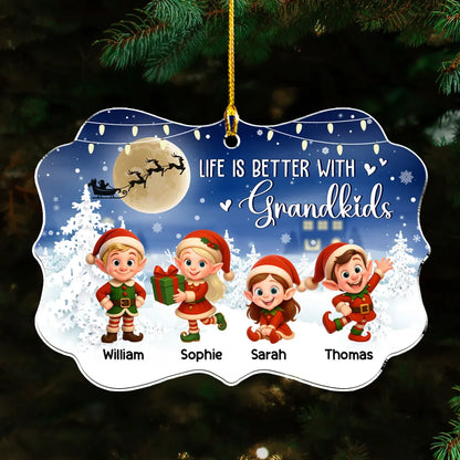 Acrylic Ornament - Life Is Better With Grandkids, cute elf scene in a moonlit snowy forest, a unique Christmas gift for Grandma and Grandpa