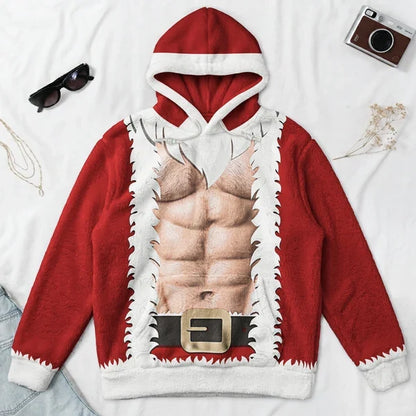 Personalized Printed Hoodie, Red and White Ripped Santa Suit with Faux Abs, Unique Christmas Gift for Him