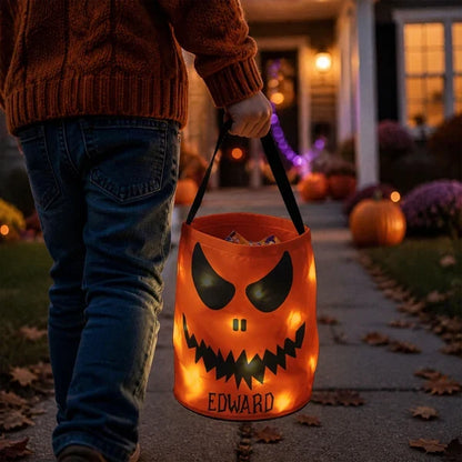 Personalized LED Light Up Fabric Basket, Glowing Pumpkin Face Trick-or-Treat Keepsake, Creative Gift for Kids