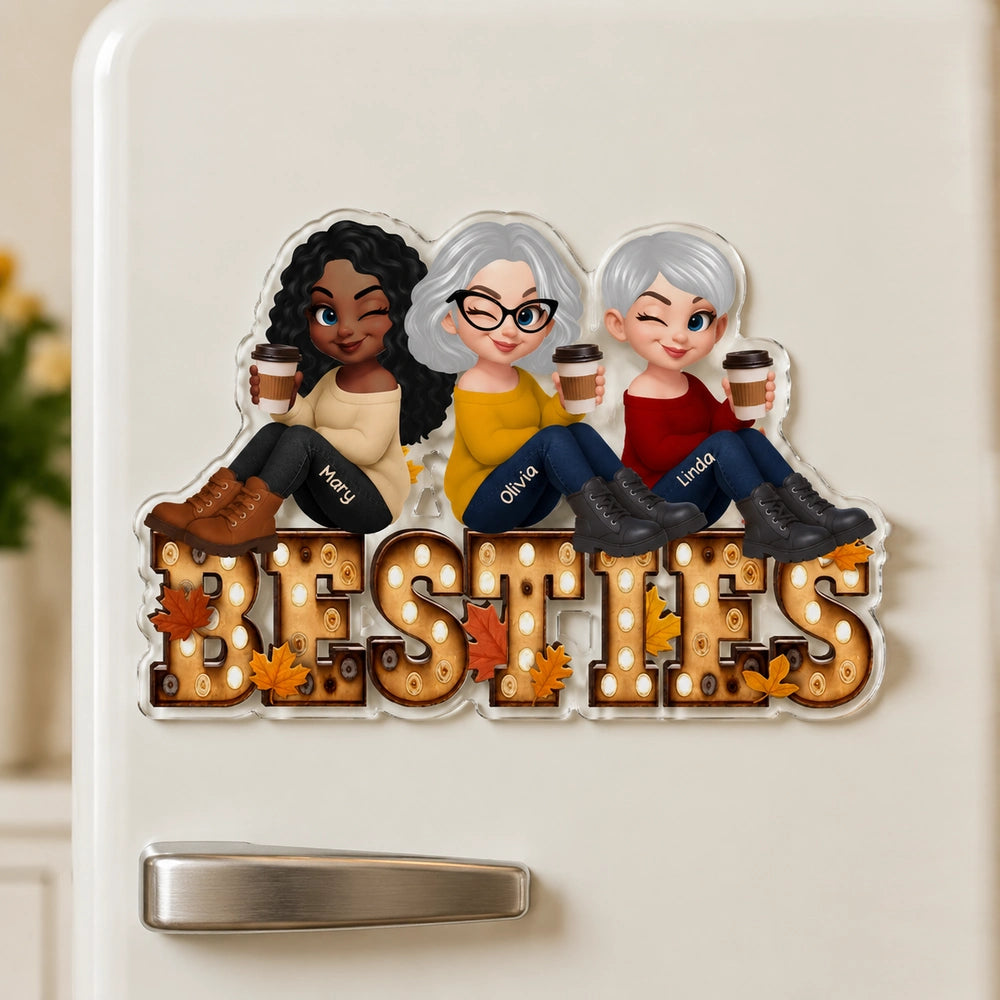 Custom Acrylic Fridge Magnet With Autumn Leaves & Sitting Friends, Creative Gift For Friendship