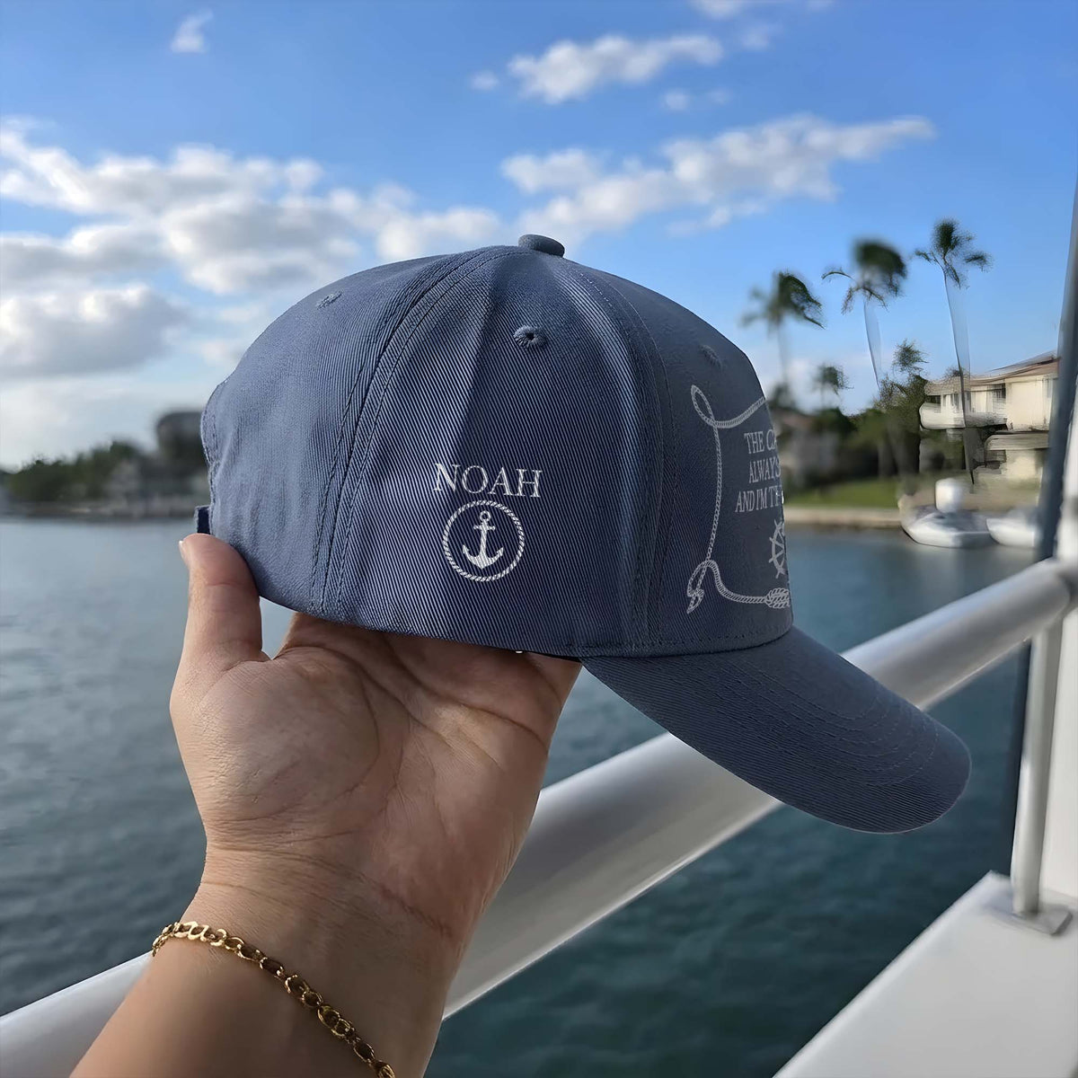Navy Quick-Dry Cap with The Captain Is Always Right Quote, Sunlit Boat Cabin, Unique Creative Gift for Him