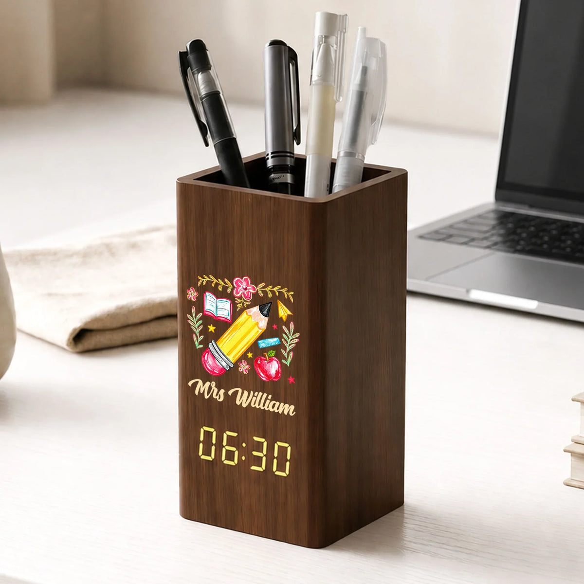 Wooden Pen Holder Clock for Teacher, Grow Learn Inspire Desk Organizer, Unique Creative Thank You Gift